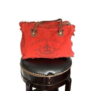 Myra Bag Carroty Upcycled Canvas & Leather Handbag .